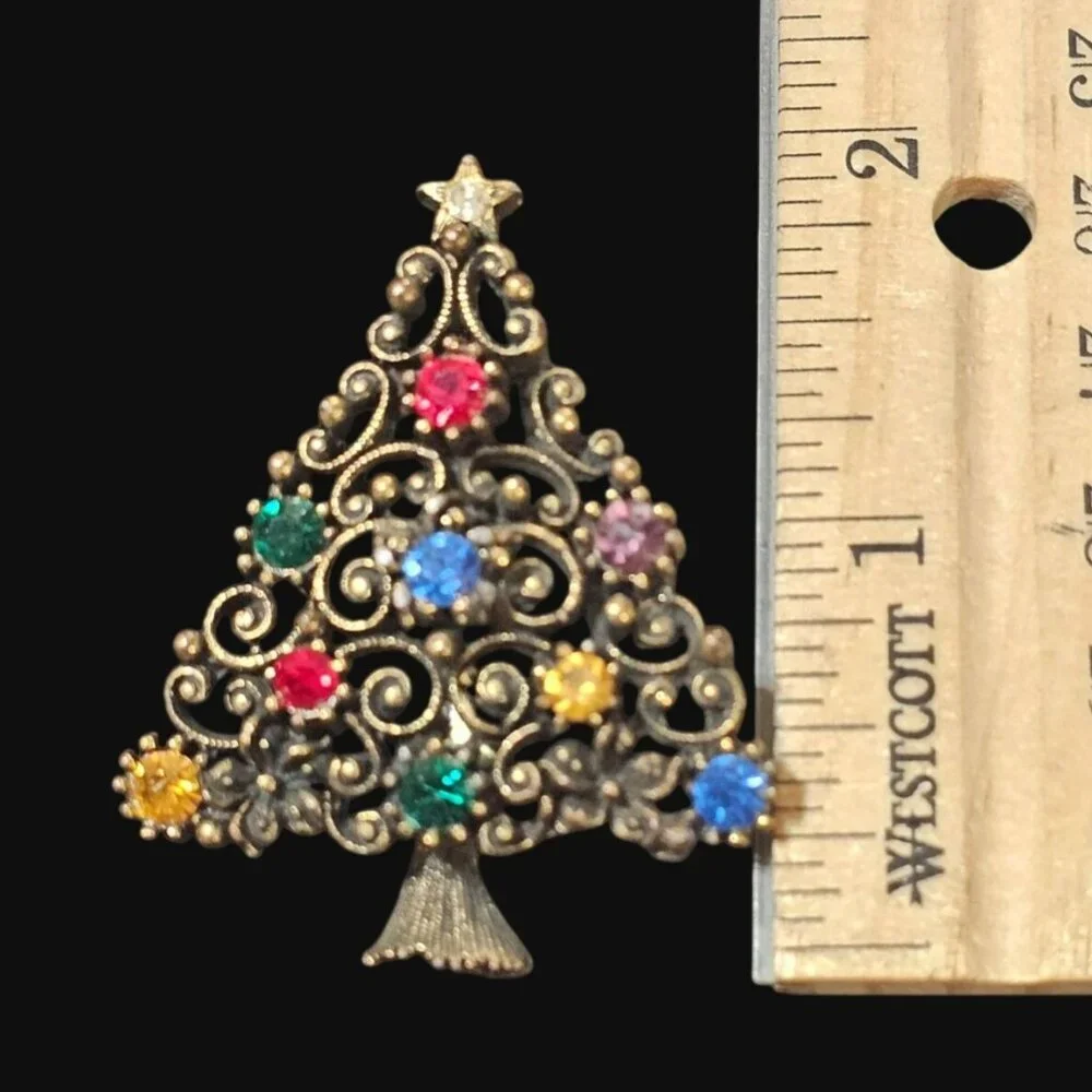 Vtg Signed JJ Gold Tone Christmas Tree Brooch Pin Multi Color Rhinestones MCM - Picture 8 of 8